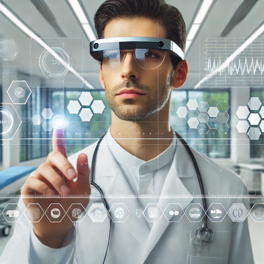 A doctor wearing sleek smart glasses in a modern hospital environment, with a zoomed-out, perspective point of view